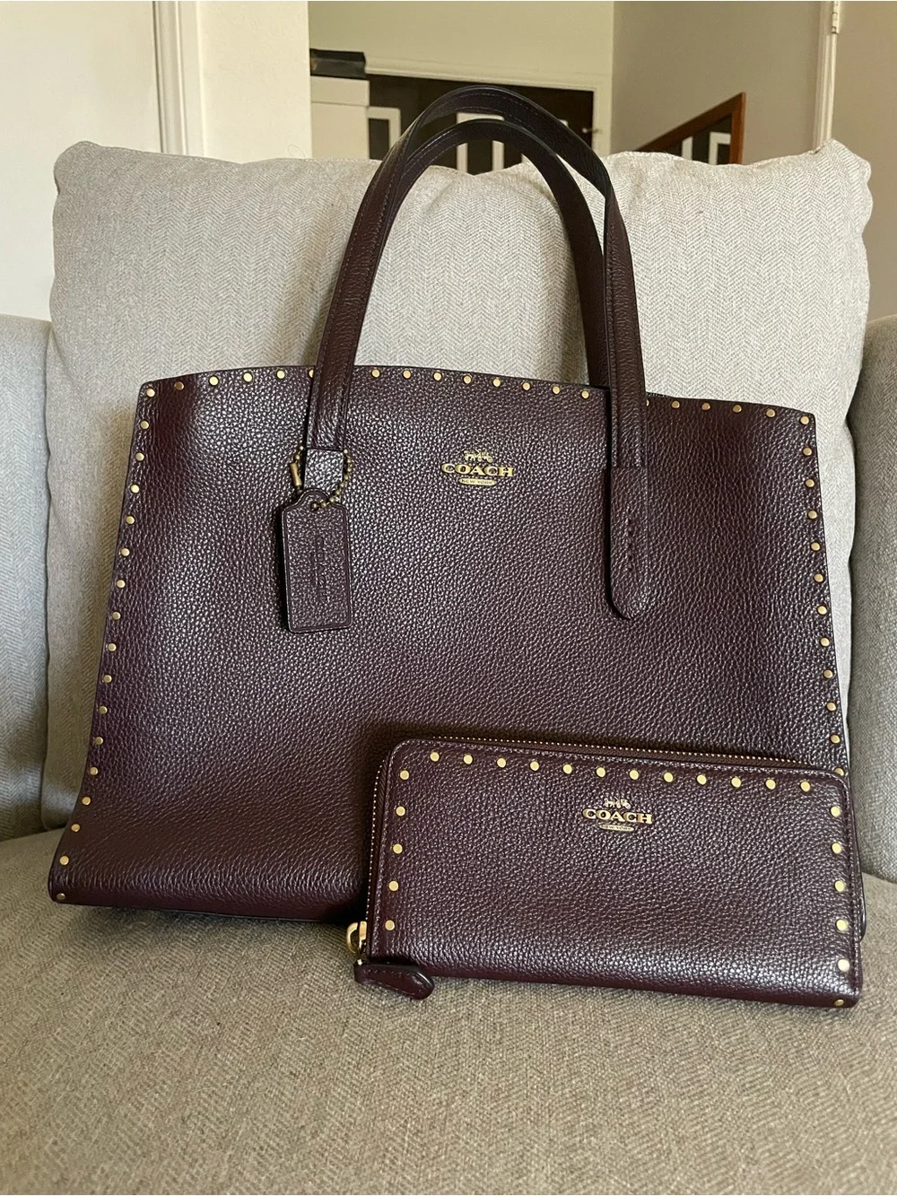 Coach Pebbled Leather Studded Tote and Zip Wallet in Deep Burgundy